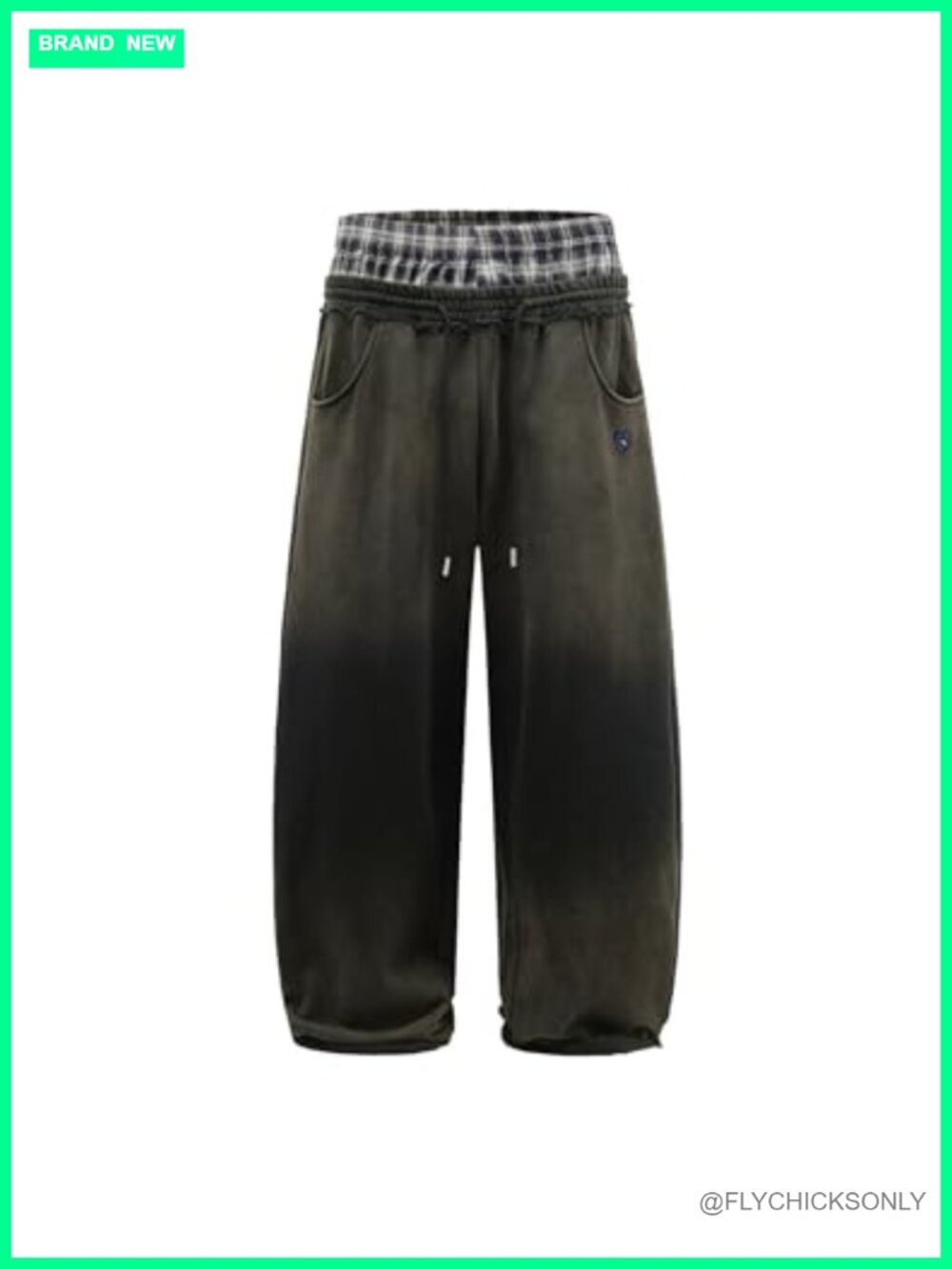 Washed Cotton Double Waist Wide Leg Sweatpants Plaid Patchwork